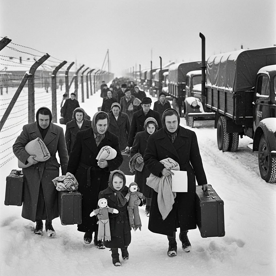 Bergen-Belsen, 1947  Nel dicembre del 1947, le rovine di Bergen-Belsen giacevano silenziose sotto una spessa coltre di neve, le baracche e le recinzioni di filo spinato trasformate in sagome spettrali contro il cielo invernale. Un tempo paesaggio di fame, malattie e morte, il campo era diventato un centro di accoglienza per sfollati, un mondo intermedio per migliaia di sopravvissuti all'Olocausto che non avevano altro posto dove andare. In quella mattina gelida, si prepararono a lasciare il luogo che li aveva imprigionati e protetti, portando con sé solo ciò che le loro braccia potevano reggere e ciò che i loro cuori potevano sopportare.  Uomini e donne si muovevano lentamente lungo i sentieri ghiacciati, stringendo con sé logore valigie di cuoio, casse di legno e fagotti legati con la stoffa – beni accumulati in anni di peregrinazioni. I loro cappotti, rattoppati e pesanti, frusciavano al vento, mentre il loro respiro si mescolava all'aria gelida come piccole nuvole che si alzavano dalla terra. I bambini camminavano accanto a loro, tenendo in mano bambole improvvisate cucite con ritagli di vecchie uniformi, con gli occhi a bottone fissi sul cielo bianco. Questi giocattoli silenziosi, fragili e fatti a mano, ricordavano che anche nei momenti più bui, qualcuno aveva comunque cercato di dare loro conforto e infanzia.  Lungo le recinzioni di filo spinato, i camion rallentavano pazientemente, i motori ronzavano come a incitare i sopravvissuti ad andare avanti. Le persone che salivano a bordo portavano con sé non solo i loro averi, ma anche le loro storie: ricordi di liberazione, dei malati di cui si erano presi cura, degli amici che avevano seppellito in semplici tombe di legno lì vicino. Per molti, questa partenza era come lasciarsi alle spalle un capitolo scritto nel dolore e nella resilienza. Davanti a loro si apriva l'incertezza – lingue straniere, città sconosciute, navi lontane – ma anche il primo debole barlume di possibilità. Alcuni erano diretti in America, altri in Canada, nel Regno Unito o nel neonato stato di Israele. Ogni destinazione offriva la stessa fragile promessa: una vita ricostruita dalle ceneri.  Nel silenzio ovattato della nevicata, l'unico suono costante era lo scricchiolio degli stivali che premevano sulla terra bianca. Ogni impronta lasciata era una piccola dichiarazione: sono sopravvissuto. Sono ancora qui. Mentre il convoglio iniziava a muoversi attraverso i cancelli, l'accampamento che un tempo era simbolo di disperazione divenne, finalmente, un passaggio verso il rinnovamento. Bergen-Belsen, nel suo ultimo inverno da rifugio, assistette a qualcosa che non aveva mai conosciuto prima: non fini, ma inizi.